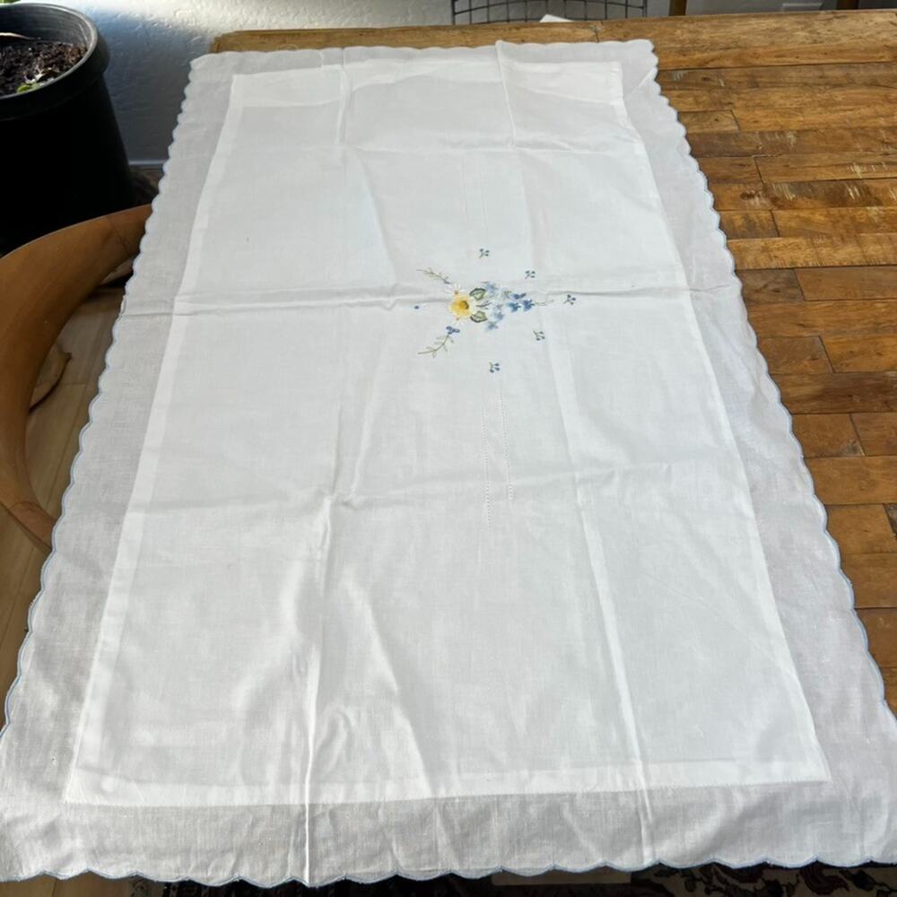 Pillow Sham White Scalloped Edge Embroidered Flowers Cotton Cottage Romant